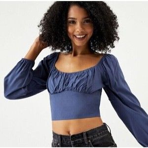 Kendall & Kylie Crop Blouse Sz L Shirred Bodice Long Sleeve Blue